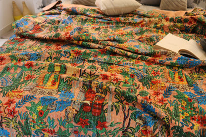 Kantha Quilt Frida in forest print King size quilt