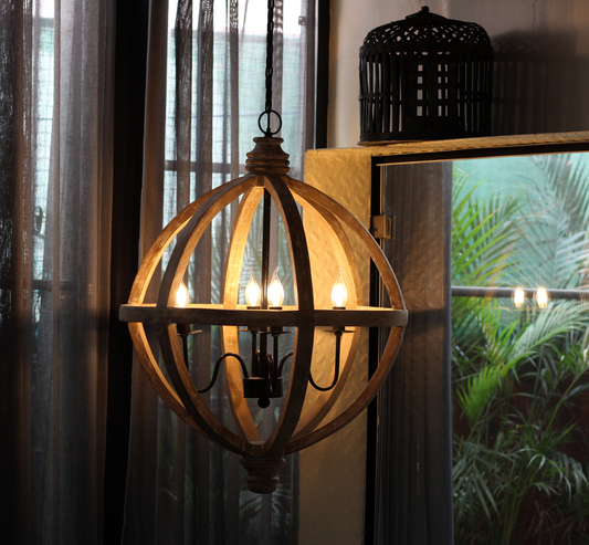 Round wooden Orb 4 light wooden & iron Chandelier